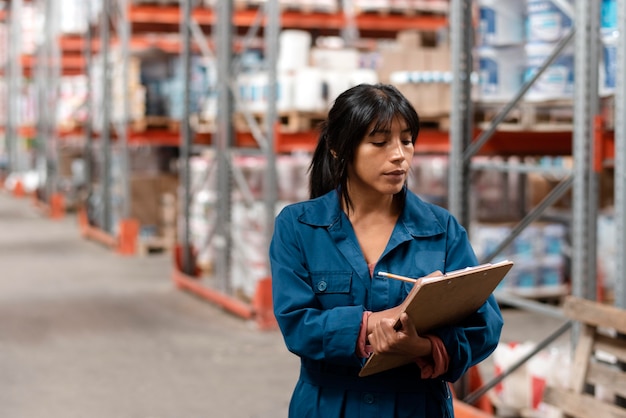 Woman worker taking notes in a warehouse