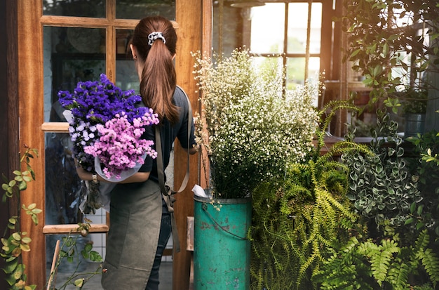 Woman working in her flower shop