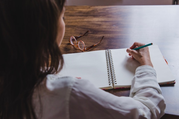 Woman writing in diary back view