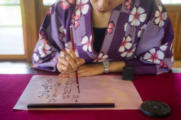 Woman writing with ink on japanese paper