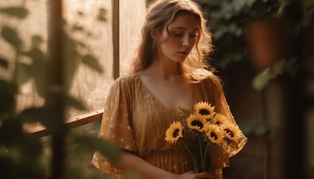 A woman in a yellow dress holds a bouquet of sunflowers.