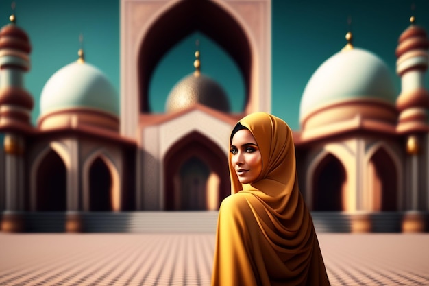 Free photo a woman in a yellow hijab stands in front of a mosque.