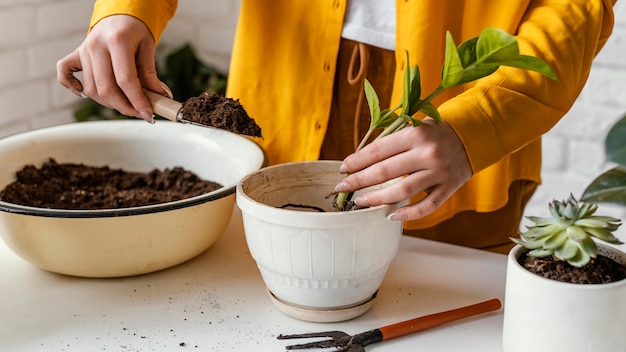 Woman in yellow shirt gardening indoors