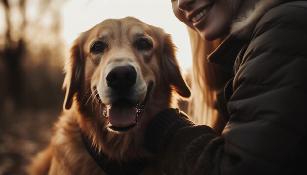 Women embracing cute retriever enjoying nature beauty generated by AI