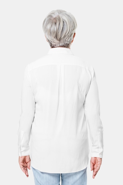 Free Photo women&rsquo;s white oversized shirt fashion with design space rear view