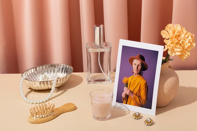 Women's day still life with makeup and jewelry