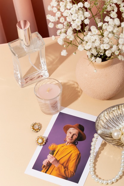 Women's day still life with makeup and jewelry