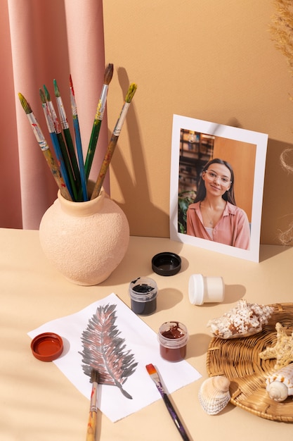 Women's day still life with makeup and jewelry