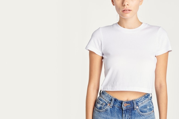 Women in a sexy white cropped top with design space