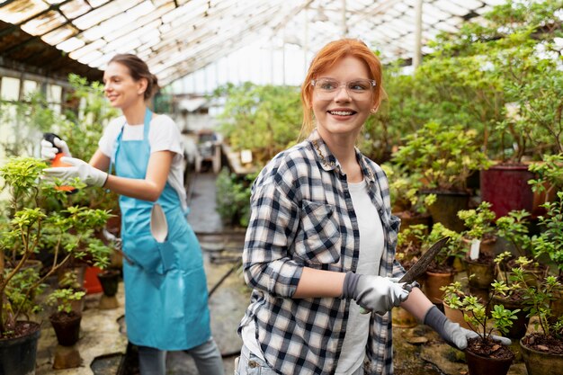 Women taking care of their plants in a greenhouse