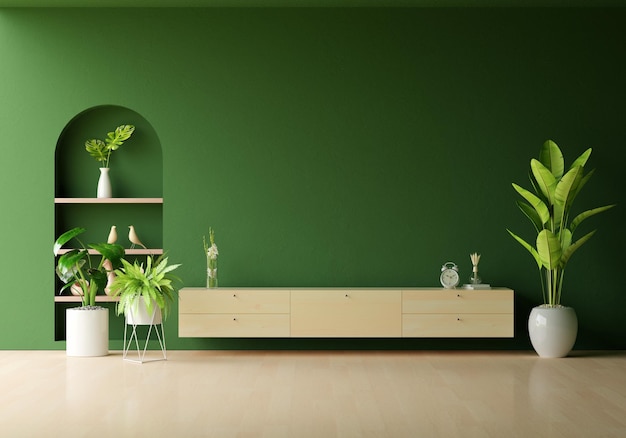 Wood sideboard in green living room with copy space