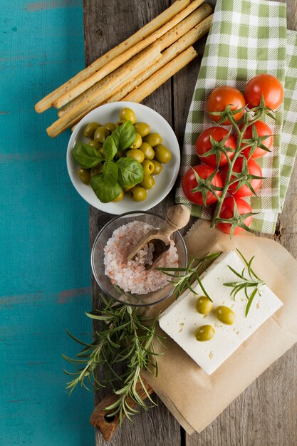 Wooden background with delicious ingredients