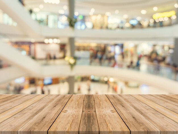 Wooden board empty table blurred background