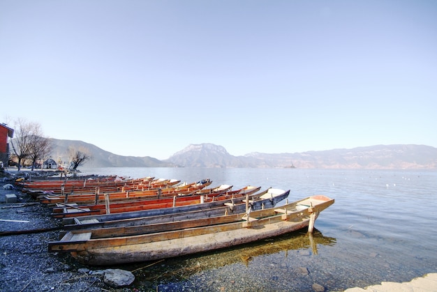 Free photo wooden boats parked on the shore