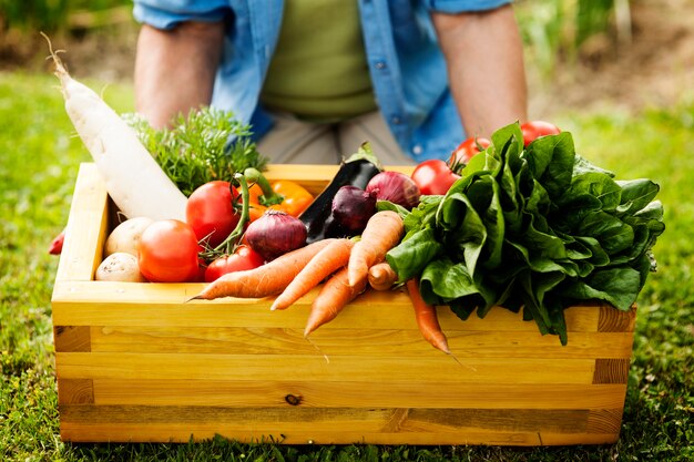 Wooden box filled fresh vegetables