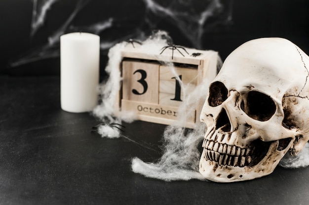 Wooden box with date and creepy human skull