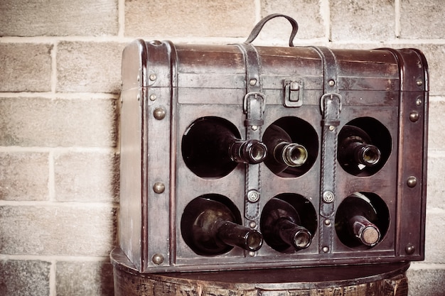 Wooden box with wine bottles