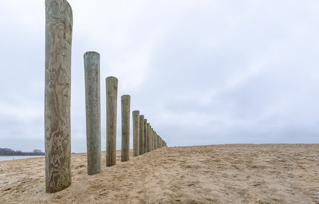 Free Photo wooden breakwater poles on a beach under a cloudy sky at daytime