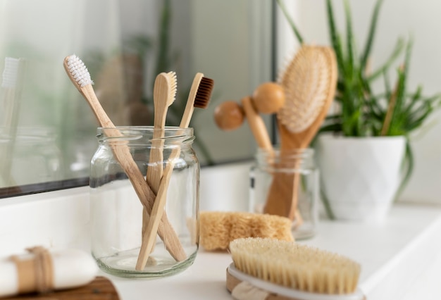 Wooden brushes in jar arrangement