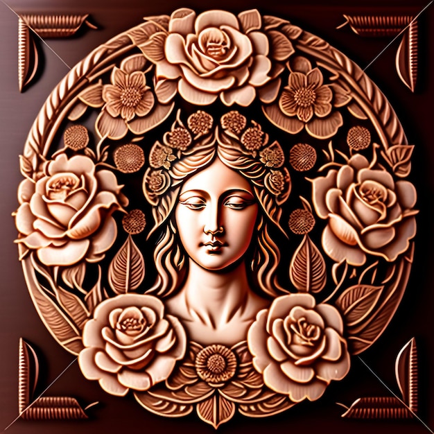 Free photo a wooden carving of a woman with roses and a wreath.