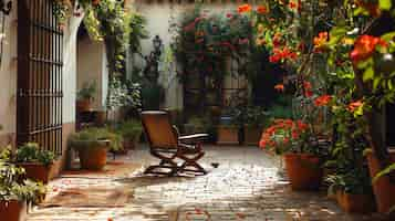 Free photo a wooden chair in a traditional spanish courtyard