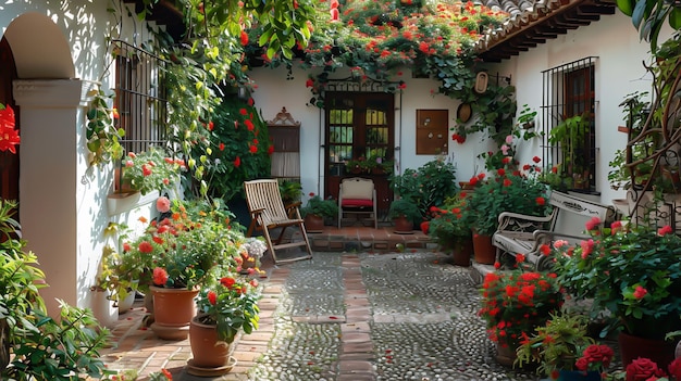 Free photo a wooden chair in a traditional spanish courtyard