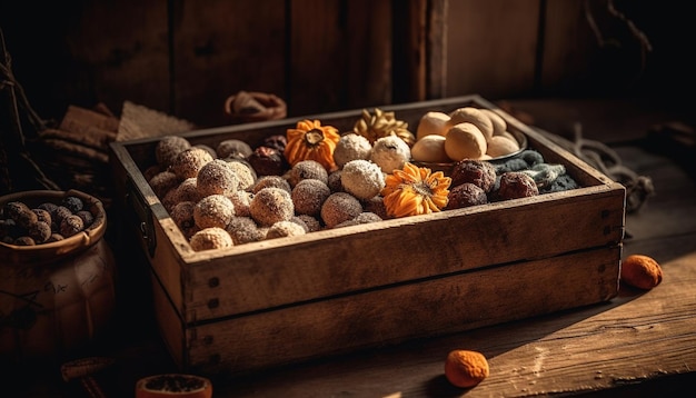 A wooden crate of food with a wooden box with a bunch of dried fruit in it.