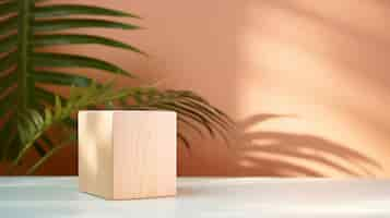 Free photo a wooden cube on a pastel background