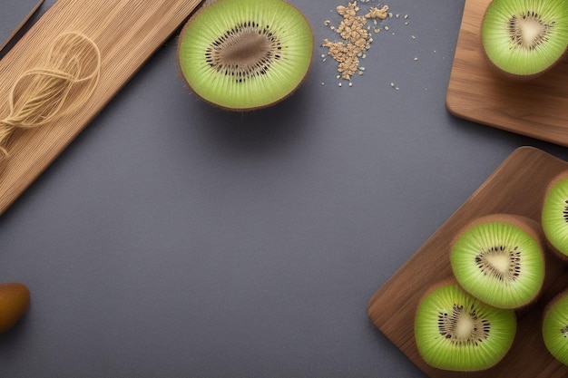 A wooden cutting board with kiwi fruit on it