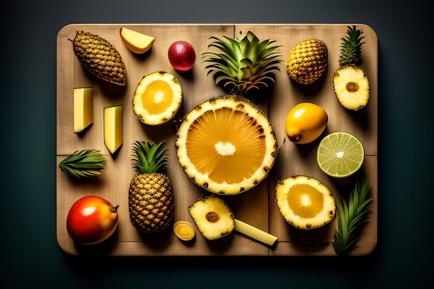 Free photo a wooden cutting board with pineapples pineapples and other fruits on it