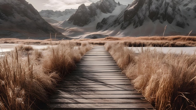 Free Photo wooden dock on brown grass field near snow covered mountain