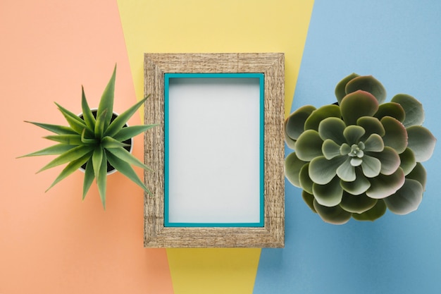 Free Photo wooden frame surrounded by plants