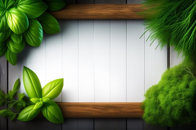 A wooden frame with green leaves and a white wooden frame.