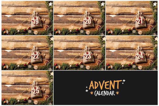 Free photo wooden frames with pouched numbers concept for advent calendar