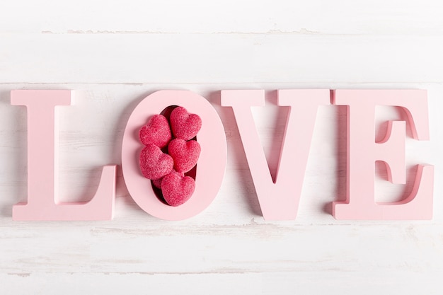 Wooden love decoration with hearts