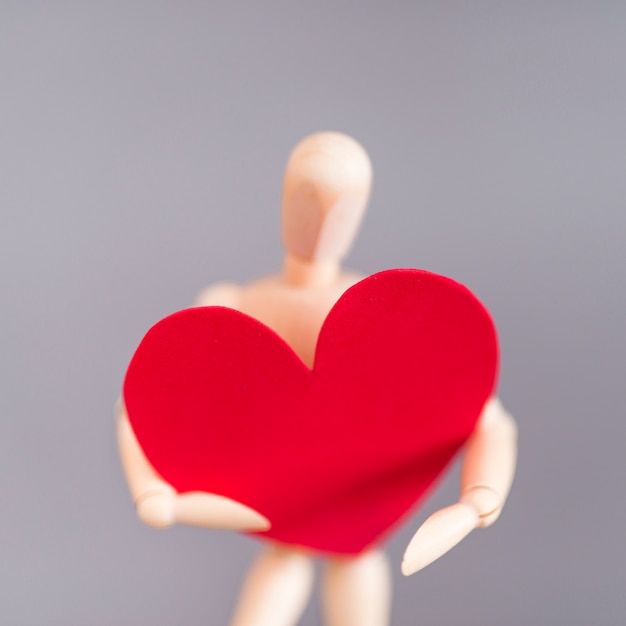 Free photo wooden mannequin holding big red heart