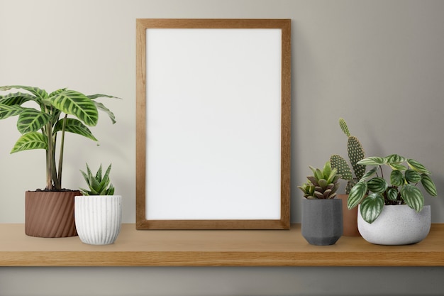 Wooden picture frame on a shelf with cactus