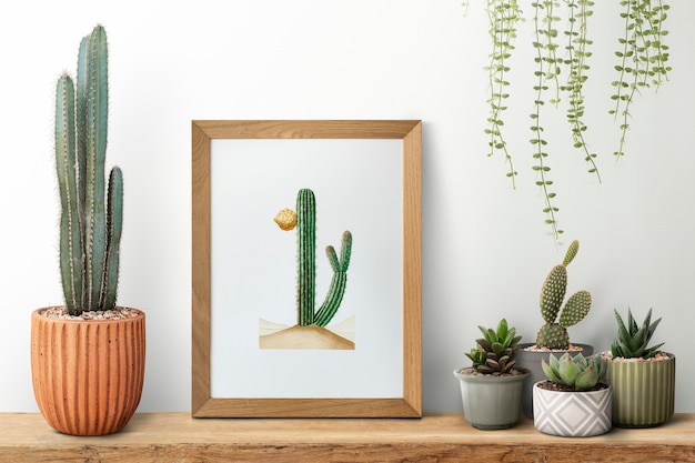 Wooden picture frame on a shelf with cactus