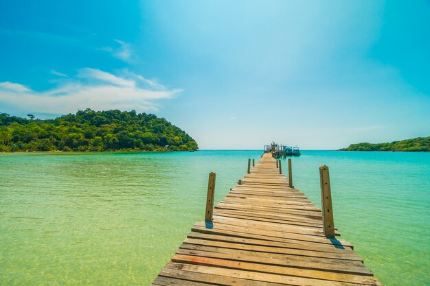 Wooden pier or bridge with tropical beach and sea in paradise island