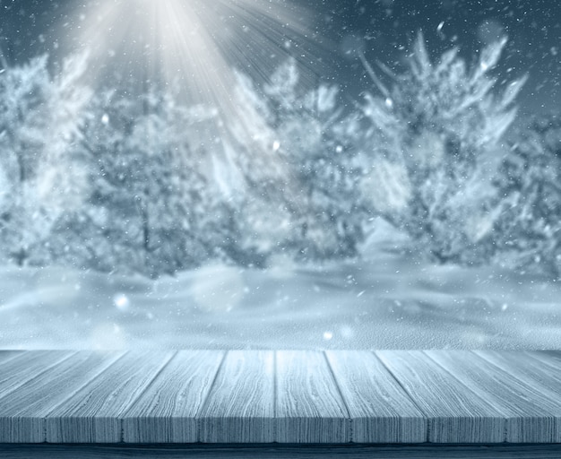 Free photo wooden plank with snowy landscape