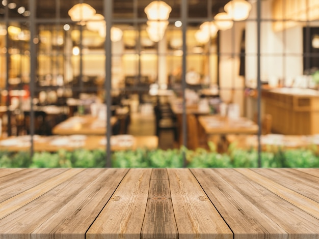 Wooden planks with blurred restaurant background