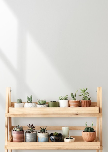 Free photo wooden plant shelf against a blank wall