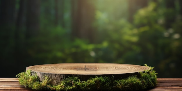 Free Photo wooden podium with green moss natural and organic