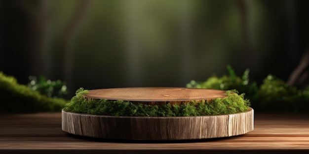 Free Photo wooden podium with green moss natural and organic