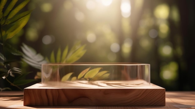 Free Photo wooden product display podium with blurred nature leaves background generative ai