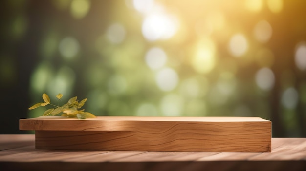 Free photo wooden product display podium with blurred nature leaves background generative ai