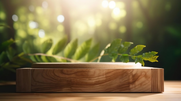 Free Photo wooden product display podium with blurred nature leaves background generative ai