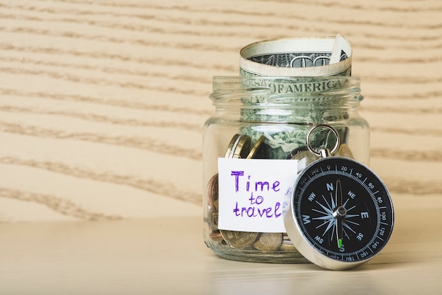 Wooden surface with money and compass