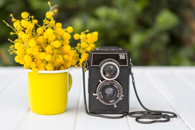 Wooden surface with yellow flowers and vintage camera