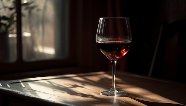 Wooden table adorned with luxurious wine glasses generated by AI